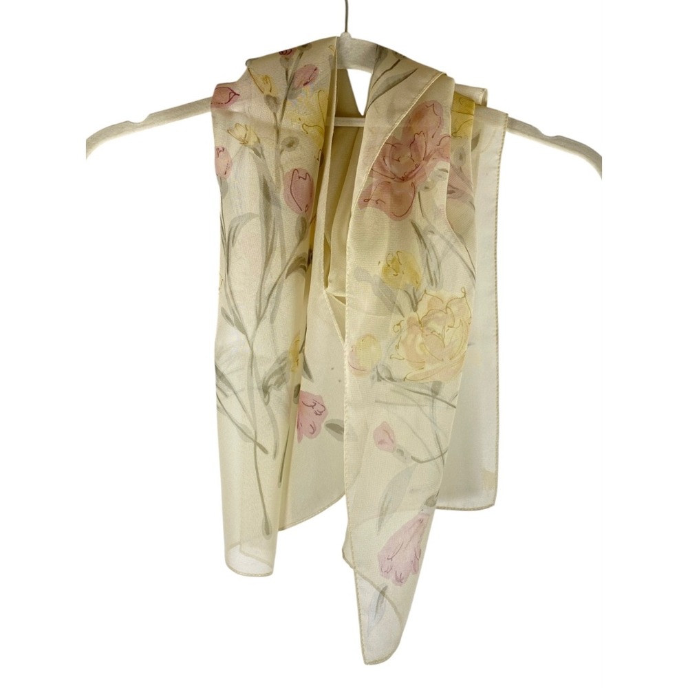 Chiffon Scarf Cream Watercolor Pastel Floral Sheer Romantic Fairycore Coquette